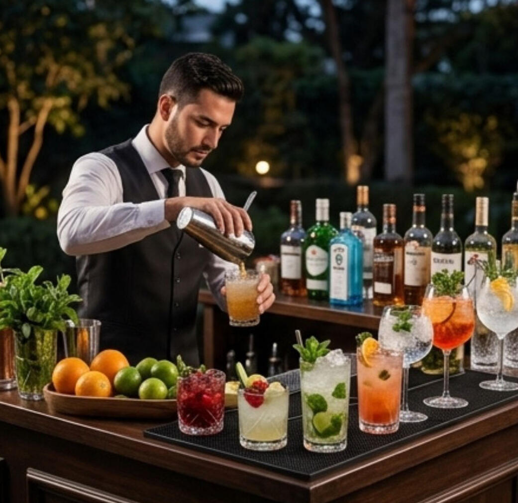 Coctelería de Autor: Barras móviles con cócteles de autor y bebidas refrescantes.