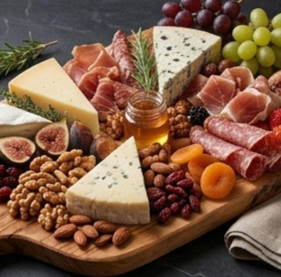 Grazing Tables & Charcutería :Tablas gourmet con quesos madurados, frutos secos y finos cortes.