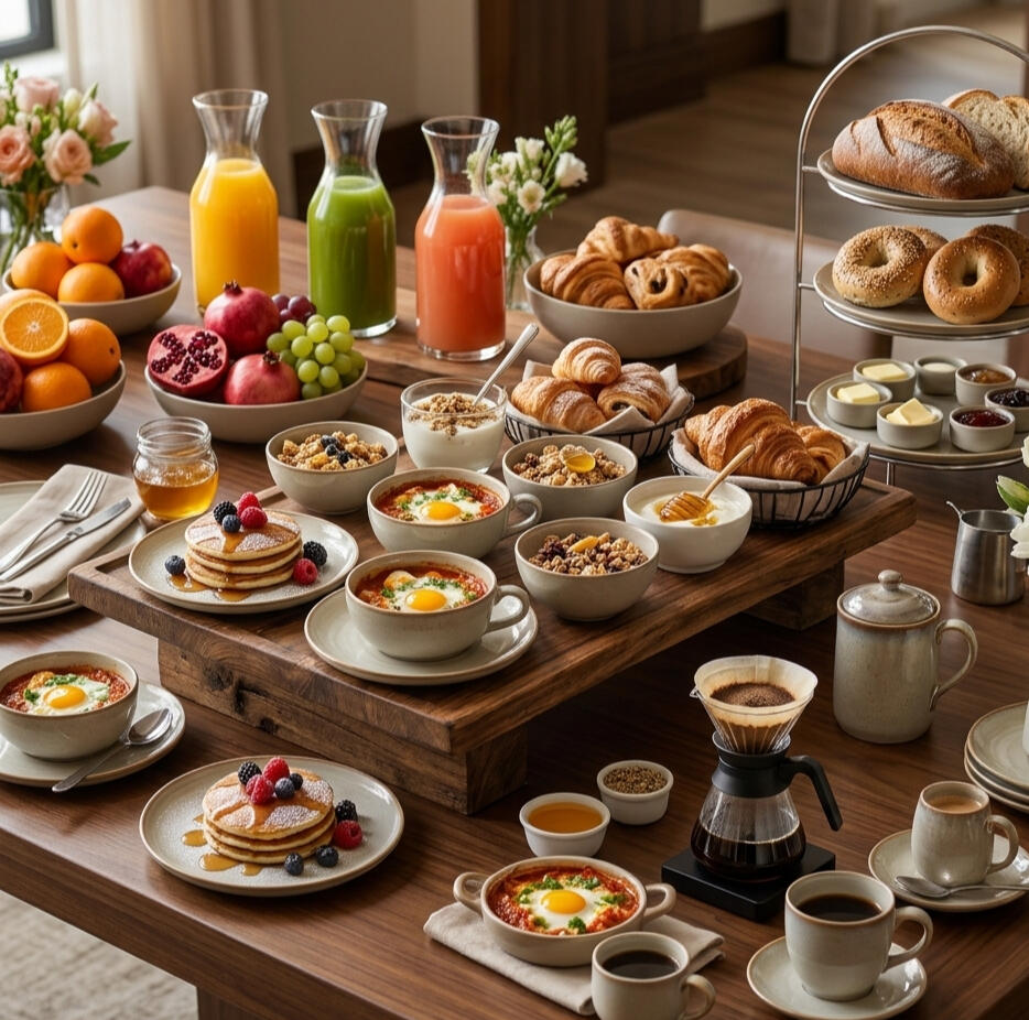 Brunchs & Desayunos: Estaciones matutinas con repostería artesanal, bowls de frutas, pancakes, mimosas y café recién colado.